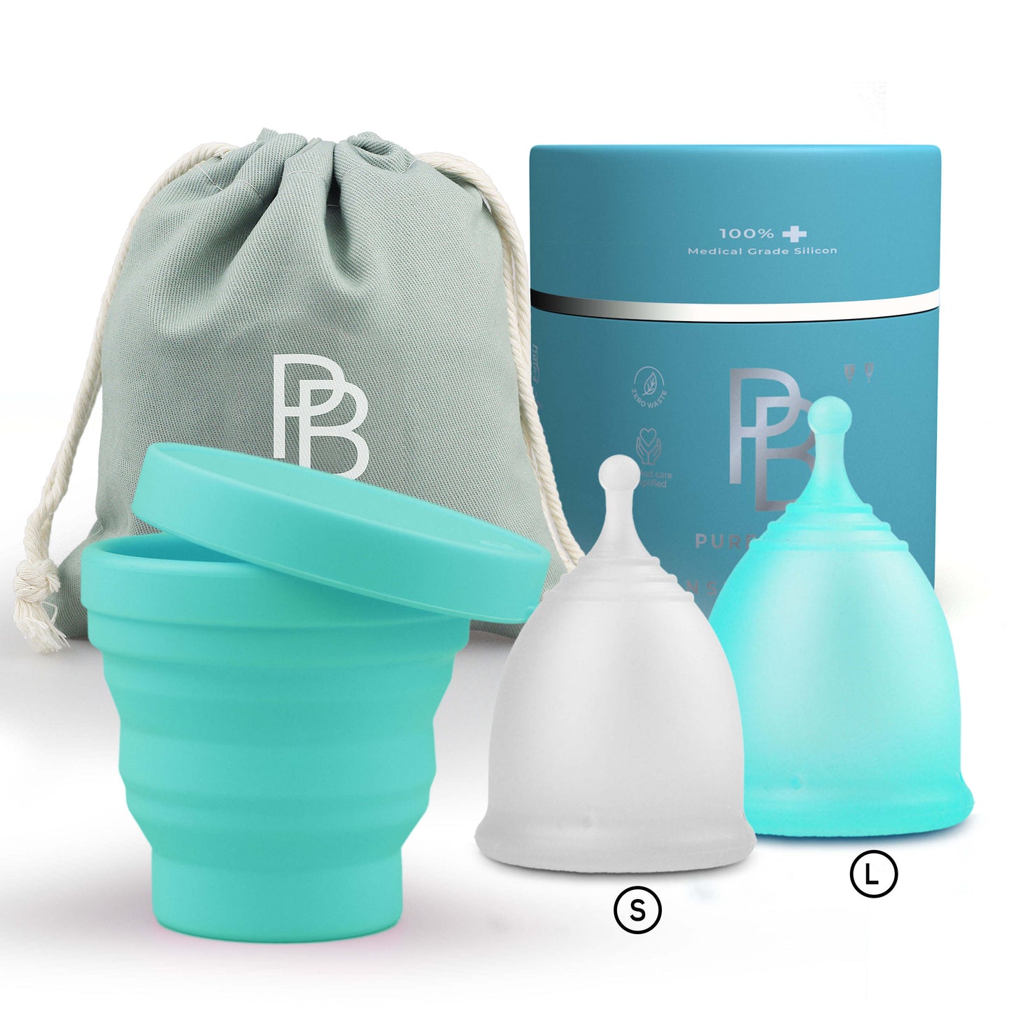 Pure Blissz Menstrual Cup-Set of 2 Reusable Period Cups (L &M)   -Premium   Design  with  Trimmable Stem  + 1 Foldable Sterilizing Cup +1 Carry Bag